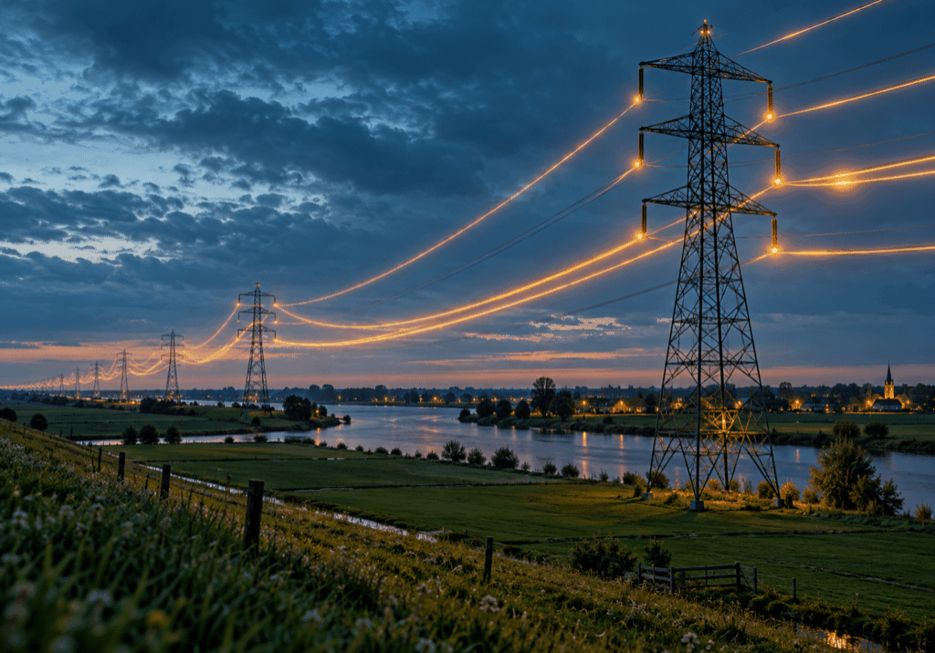 Gloeiende hoogspanningslijnen boven de uiterwaarden
