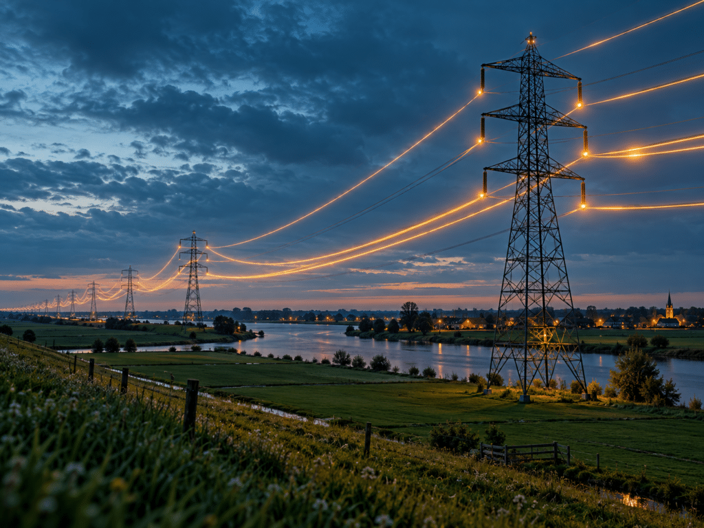 Gloeiende hoogspanningslijnen boven de uiterwaarden